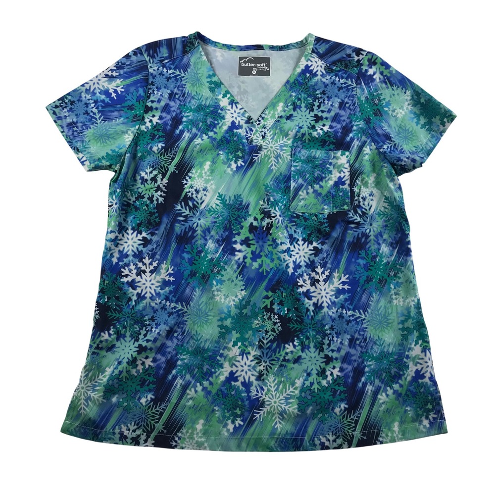 Butter-Soft Stretch Womens Scrub Top Medium Blue Green Snowflake Winter HTS452